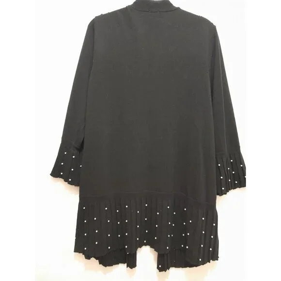 Chico's Pleated Faux-Pearl Accent Classy Long Open Cardigan Black Size 3P - Picture 7 of 10